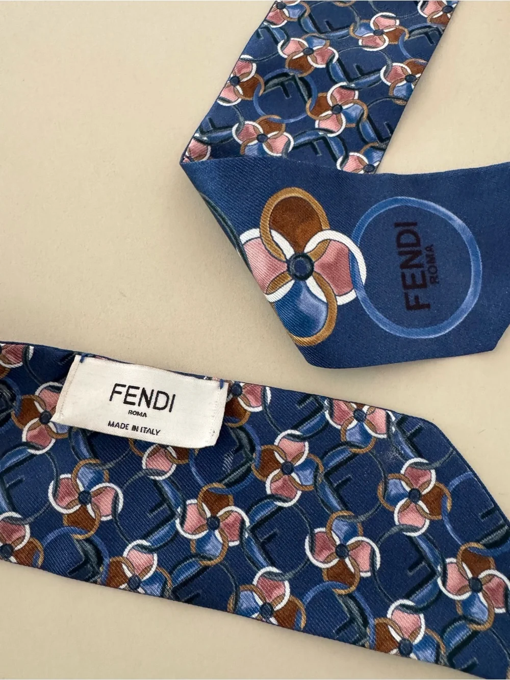 Fendi Wrappy New never worn Brown, Blue and pink Silk Twilly Scarf includes box